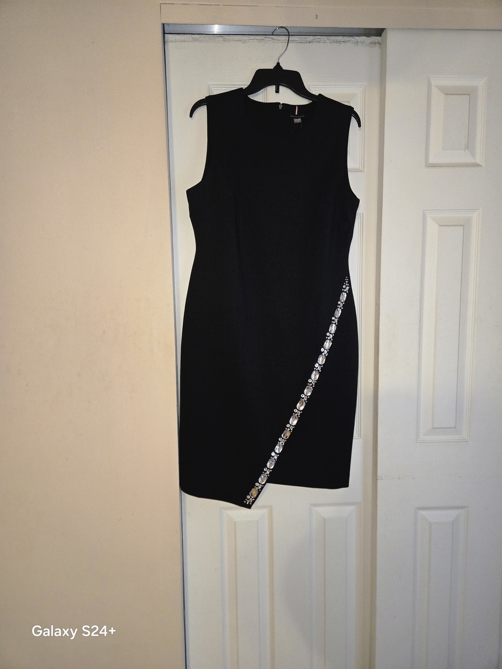 Tommy Hilfiger Black Midi Sheath Dress with Diagonal Embellished Trim